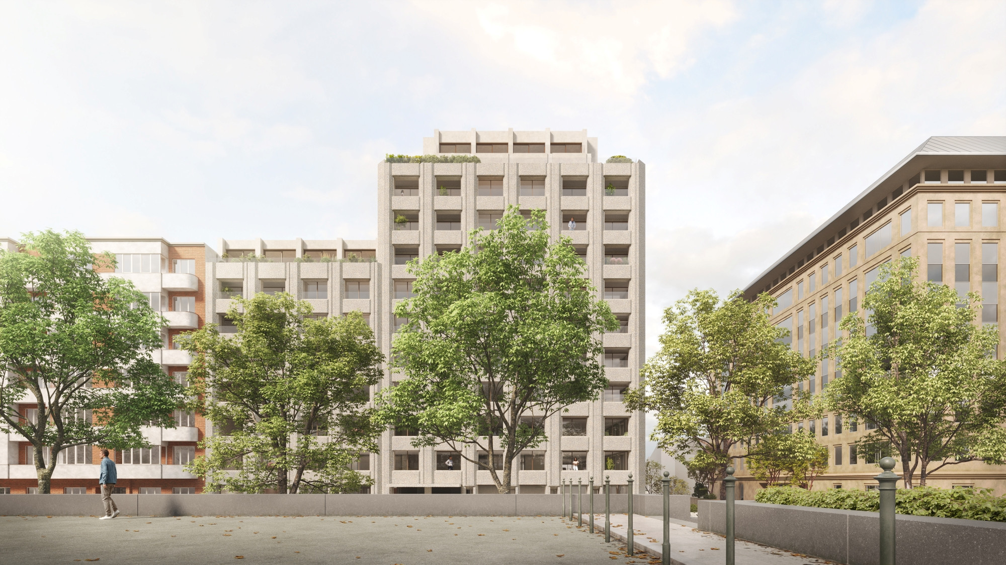 Gepland uitzicht van het project “Monolithe” vanaf het Jubelpark