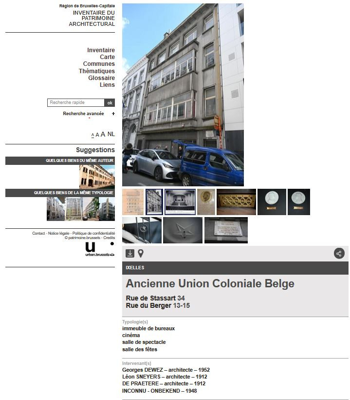Beschrijving van de voormalige ‘Union Coloniale Belge’ (Belgische Koloniale Unie), Herdersstraat 34 (Elsene), in de inventaris van het bouwkundig erfgoed © urban.brussels