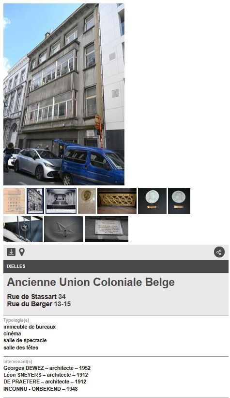 Beschrijving van de voormalige ‘Union Coloniale Belge’ (Belgische Koloniale Unie), Herdersstraat 34 (Elsene), in de inventaris van het bouwkundig erfgoed © urban.brussels