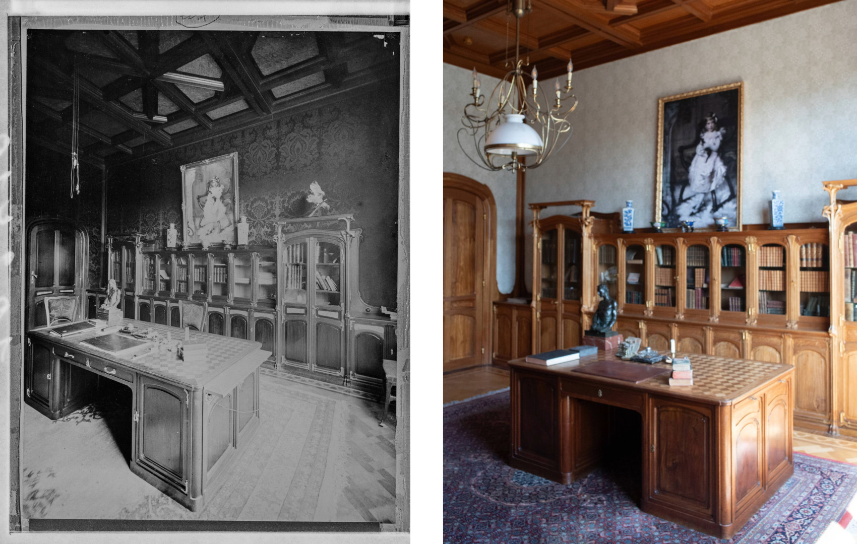 Het kantoor van Edmond van Eetvelde rond 1900 en zijn reconstructie in 2025 | © urban.brussels