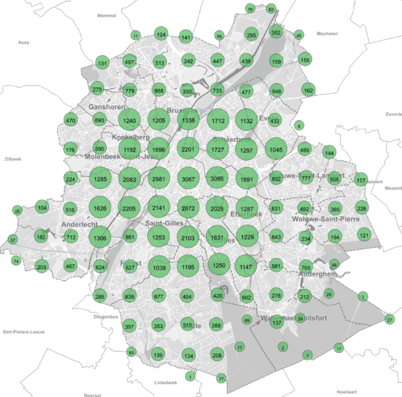 Map of Brussels showing the environmental permits issued