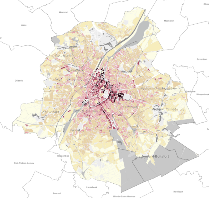 Map of Brussels showing the existing building density
