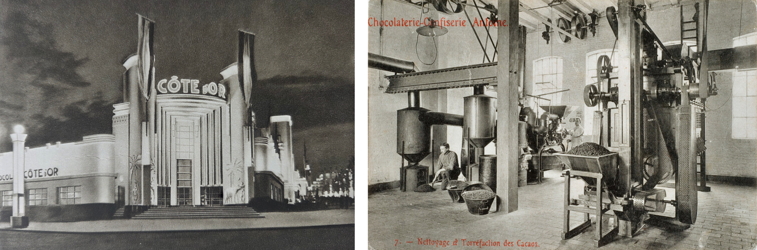 Het paviljoen van Côte d’Or op de wereldtentoonstelling van 1935 + Branderij van Confiserie-Chocolaterie Antoine, Keienveldstraat in Elsene, rond 1900