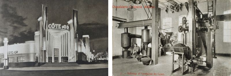 Het paviljoen van Côte d’Or op de wereldtentoonstelling van 1935 + Branderij van Confiserie-Chocolaterie Antoine, Keienveldstraat in Elsene, rond 1900
