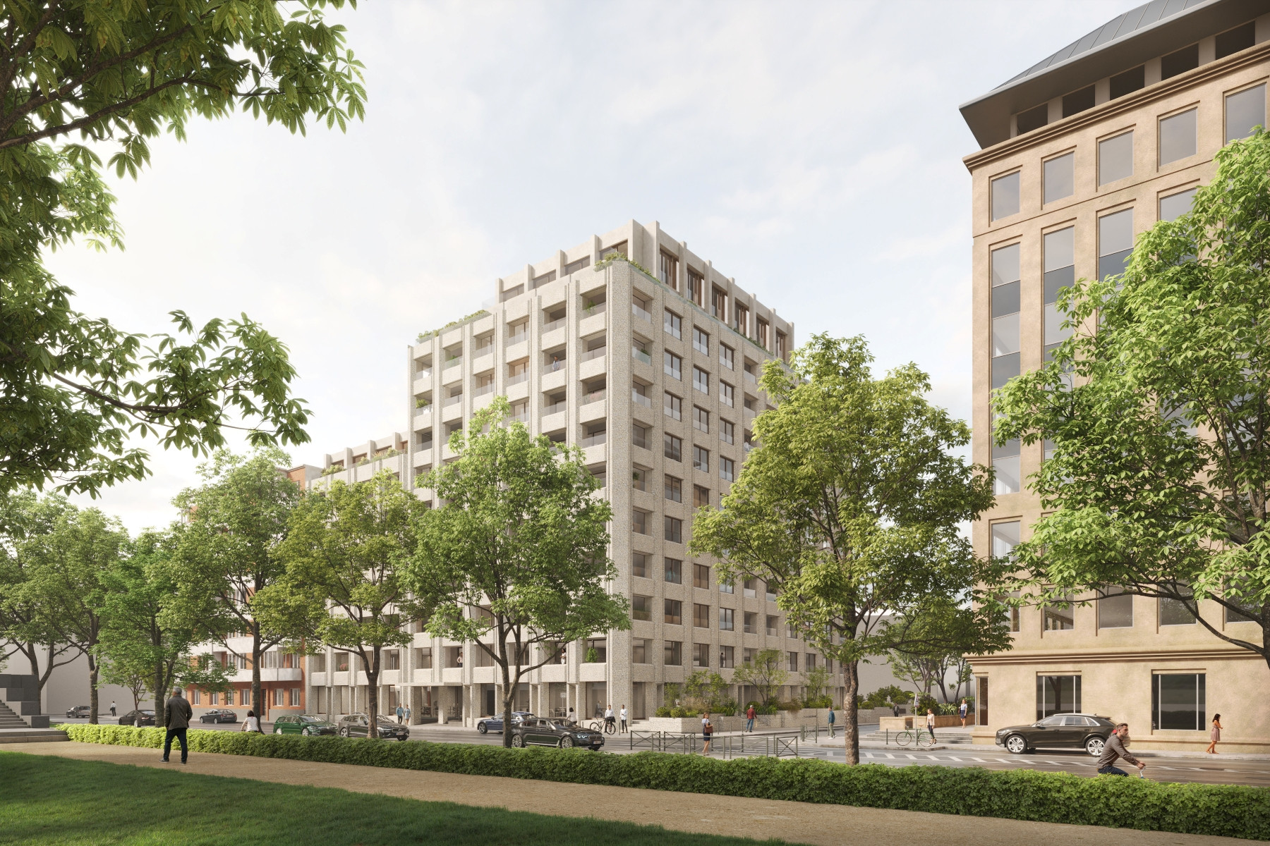 Gepland uitzicht van het project “Monolithe” vanaf het Jubelpark © Tab architects en Bureau Bouwtechniek
